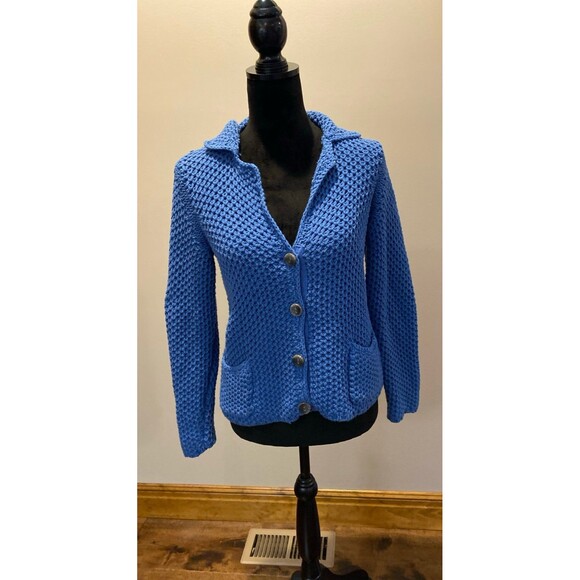 J. Jill Cardigan Blue Cotton Blend Collared Button Down Front Pockets Size Small - Picture 6 of 11